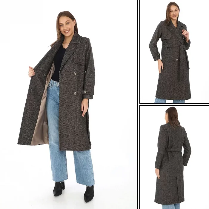 Arnay Kadın Balık Sırtı Kaşmir Uzun Kaşe Kaban - Kahverengi