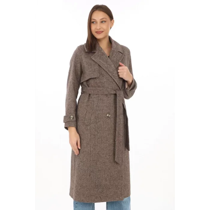 Arnay Kadın Balık Sırtı Kaşmir Uzun Kaşe Kaban - Vizon