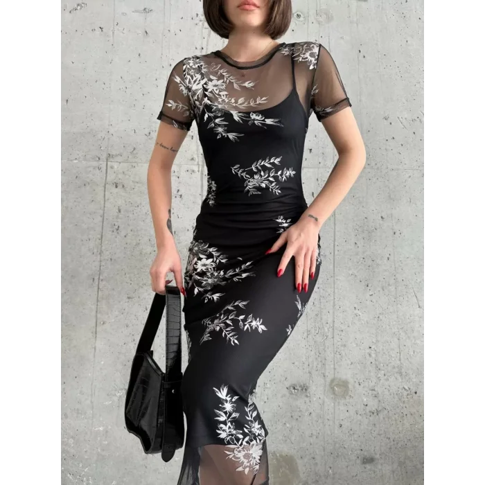 Arnay Kadın Baskılı Şifon Kimono Elbise - Siyah