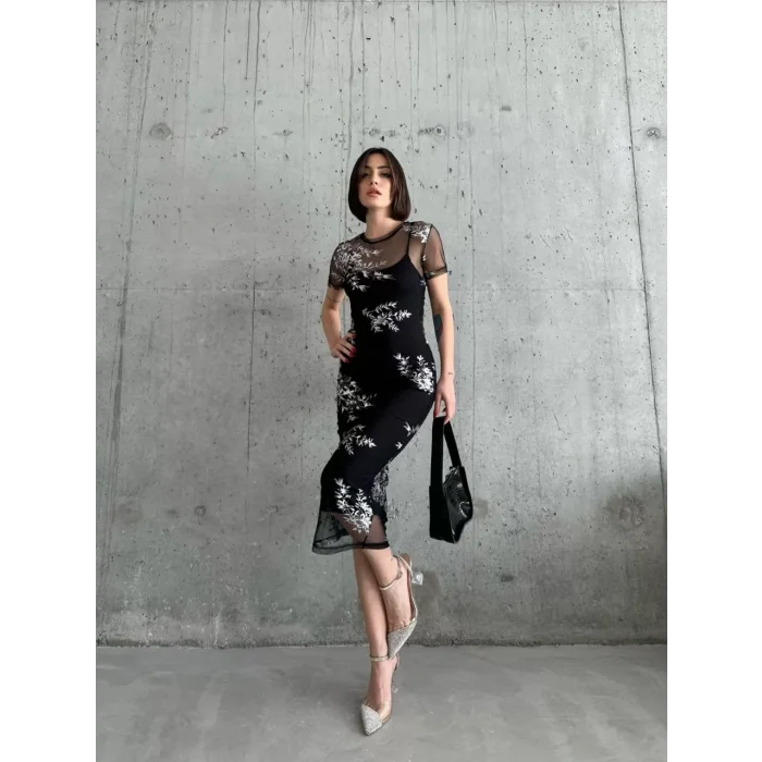 Arnay Kadın Baskılı Şifon Kimono Elbise - Siyah