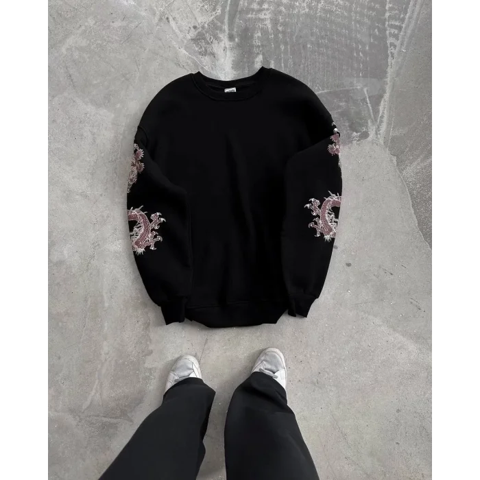 Arnay Kadın Bisiklet Yaka Baskılı Sweatshirt - Siyah