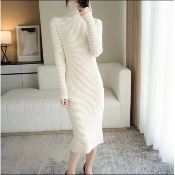 Arnay Kadın Boğazlı Uzun Fitilli Triko Dokuma Elbise - Beyaz