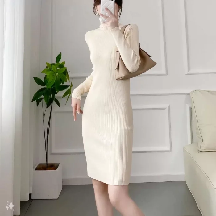 Arnay Kadın Boğazlı Uzun Fitilli Triko Dokuma Elbise - Beyaz