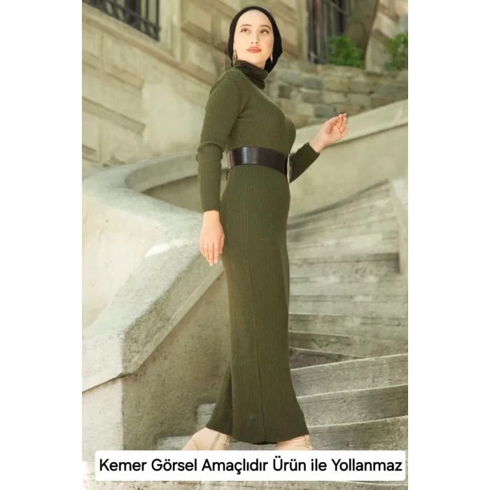Arnay Kadın Boğazlı Uzun Fitilli Triko Dokuma Elbise - Haki