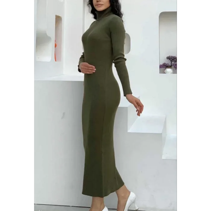 Arnay Kadın Boğazlı Uzun Fitilli Triko Dokuma Elbise - Haki