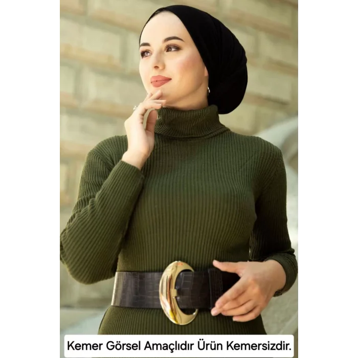 Arnay Kadın Boğazlı Uzun Fitilli Triko Dokuma Elbise - Haki