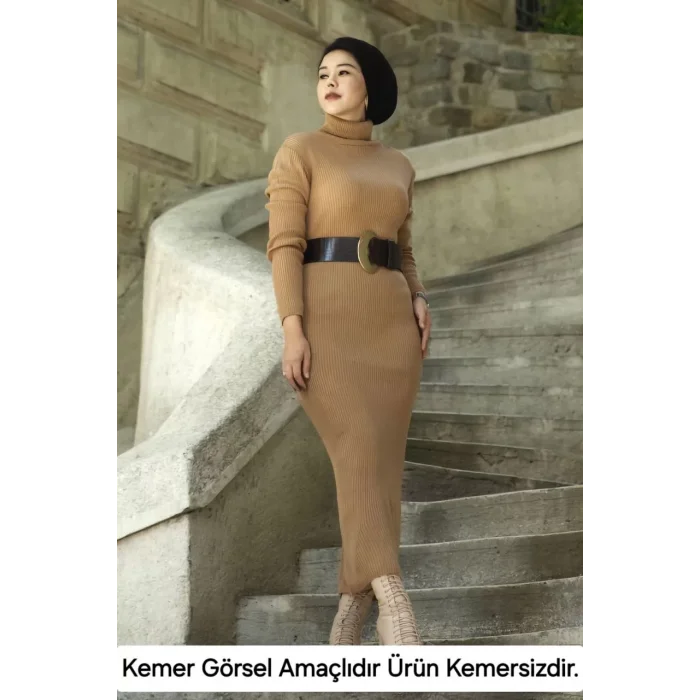 Arnay Kadın Boğazlı Uzun Fitilli Triko Dokuma Elbise - Kahverengi