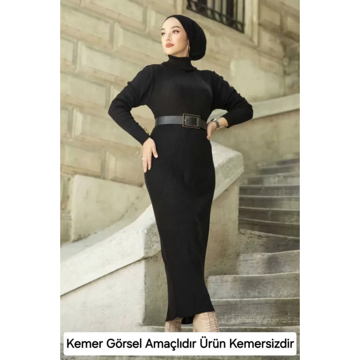 Arnay Kadın Boğazlı Uzun Fitilli Triko Dokuma Elbise - Siyah