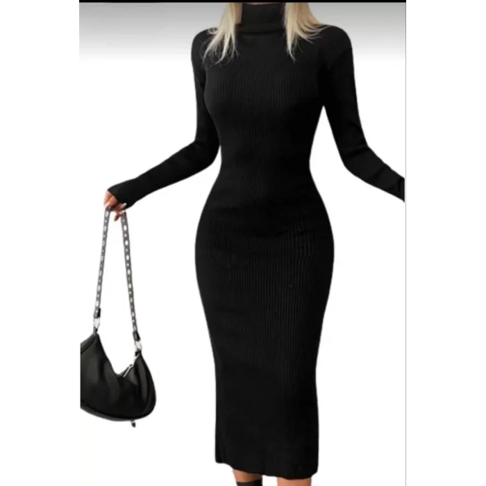 Arnay Kadın Boğazlı Uzun Fitilli Triko Dokuma Elbise - Siyah