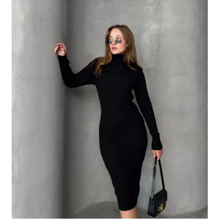 Arnay Kadın Boğazlı Uzun Fitilli Triko Dokuma Elbise - Siyah