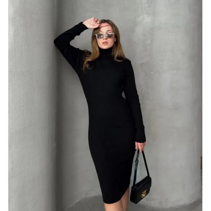 Arnay Kadın Boğazlı Uzun Fitilli Triko Dokuma Elbise - Siyah