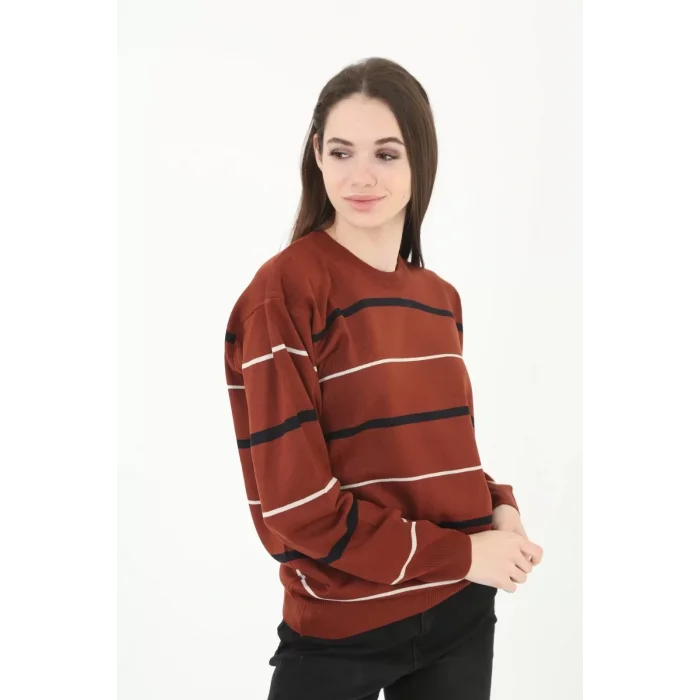 Arnay Kadın Çizgili Nakışlı Kazak - Kırmızı