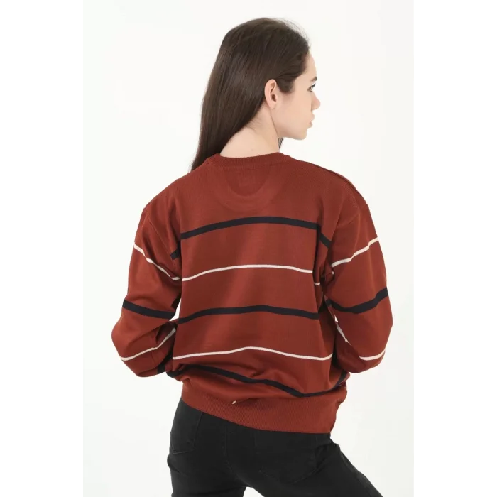 Arnay Kadın Çizgili Nakışlı Kazak - Kırmızı