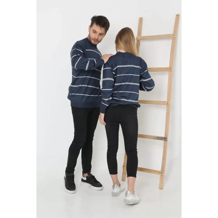 Arnay Kadın Çizgili Nakışlı Kazak - Mavi