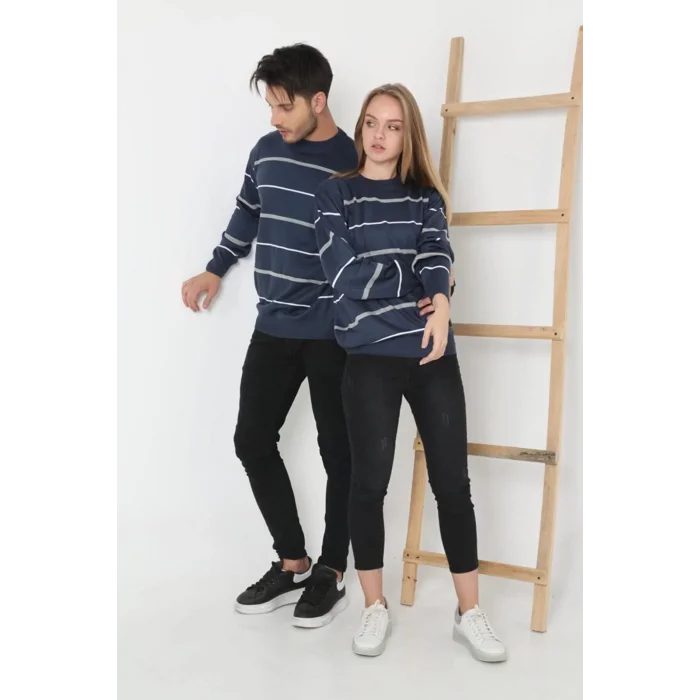 Arnay Kadın Çizgili Nakışlı Kazak - Mavi