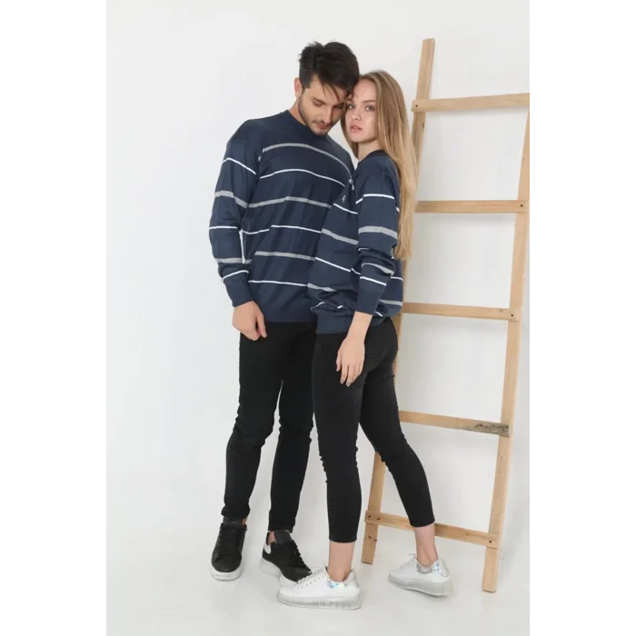 Arnay Kadın Çizgili Nakışlı Kazak - Mavi