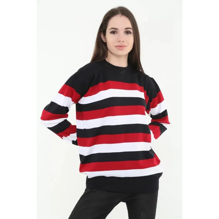 Arnay Kadın Çizgili Nakışlı Kazak - Siyah