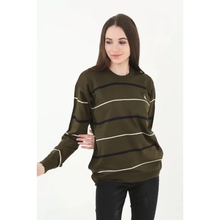 Arnay Kadın Çizgili Nakışlı Kazak - Yeşil