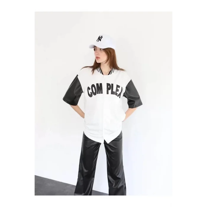 Arnay Kadın Complex Kolları Deri Kolej Oversize T-shirt - Beyaz