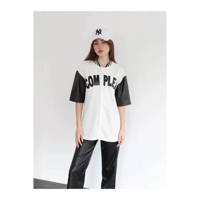 Arnay Kadın Complex Kolları Deri Kolej Oversize T-shirt - Beyaz