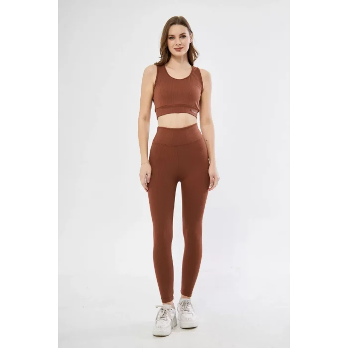 Arnay Kadın Crop Tayt İkili Spor Takımı - Kahve