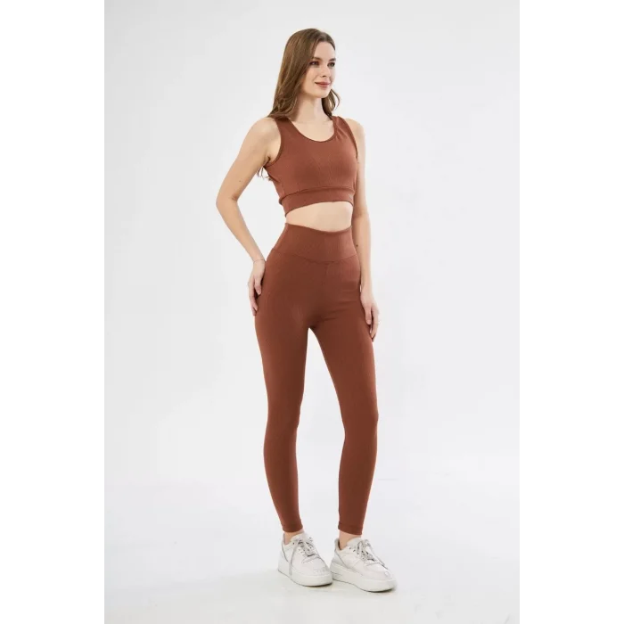 Arnay Kadın Crop Tayt İkili Spor Takımı - Kahve