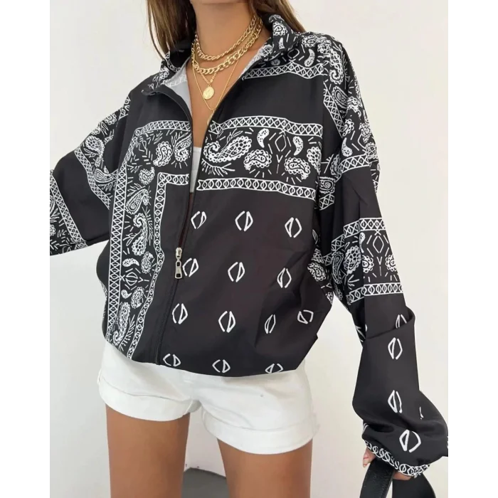 Arnay Kadın Dijital Baskılı Paraşüt Kumaş Rüzgarlık - Siyah