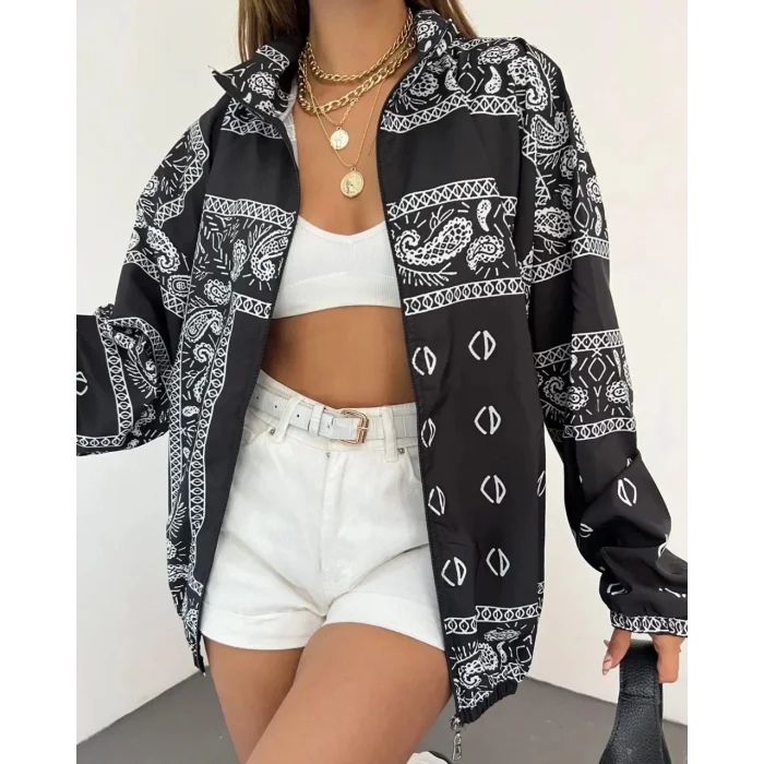 Arnay Kadın Dijital Baskılı Paraşüt Kumaş Rüzgarlık - Siyah