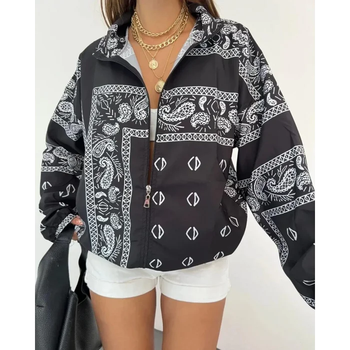 Arnay Kadın Dijital Baskılı Paraşüt Kumaş Rüzgarlık - Siyah