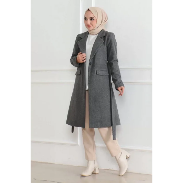 Arnay Kadın Düğmeli İçi Astarlı Kaşmir Kaşe Kaban - Boyalı Gri