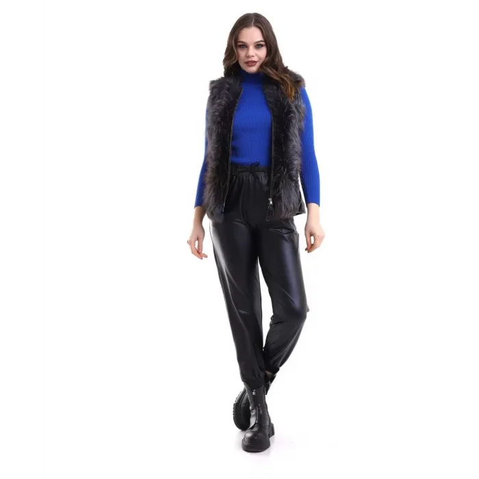 Arnay Kadın Fermuarlı Koyun Derisi Tilki Kürkü - Siyah