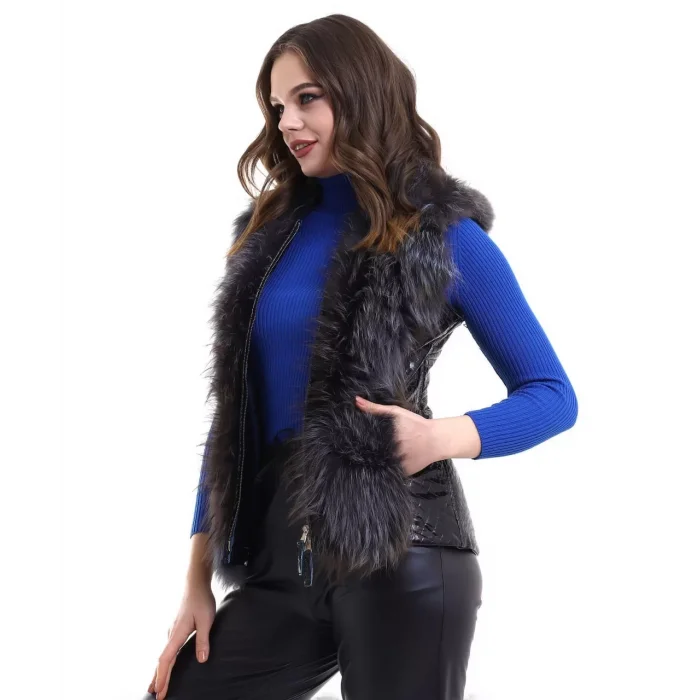 Arnay Kadın Fermuarlı Koyun Derisi Tilki Kürkü - Siyah
