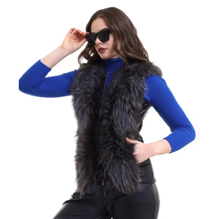 Arnay Kadın Fermuarlı Koyun Derisi Tilki Kürkü - Siyah