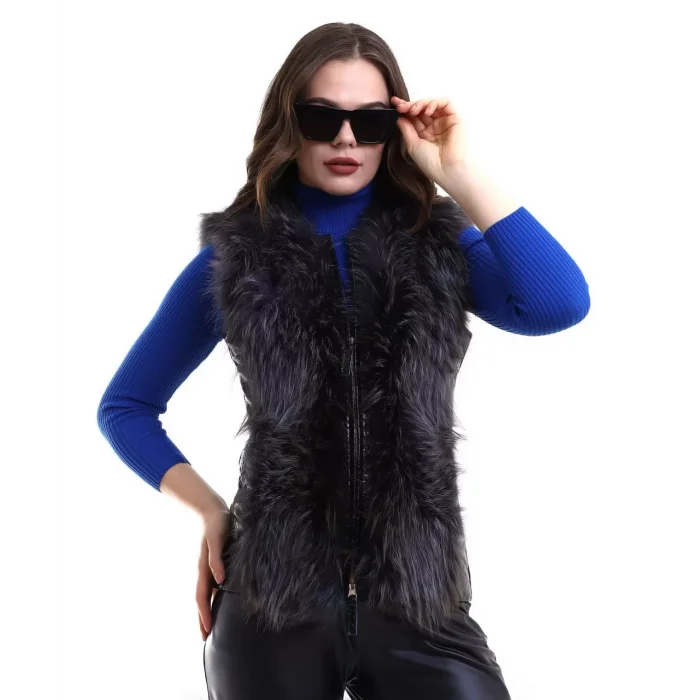 Arnay Kadın Fermuarlı Koyun Derisi Tilki Kürkü - Siyah