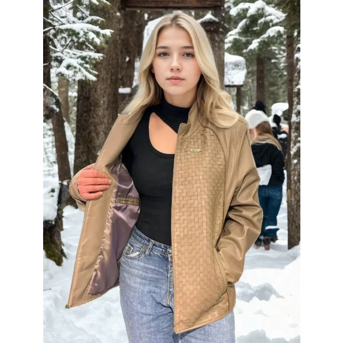 Arnay Kadın Fileli Deri Ceket - Krem