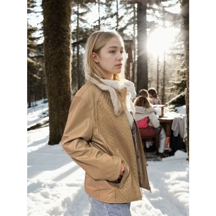 Arnay Kadın Fileli Deri Ceket - Krem