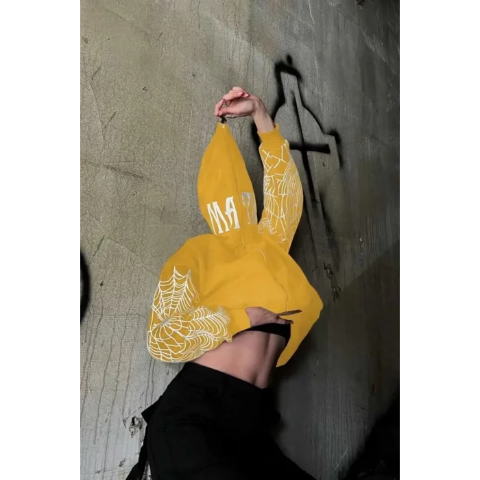 Arnay Kadın İki İplik Örümcek Baskılı Oversize Hırka - Sarı