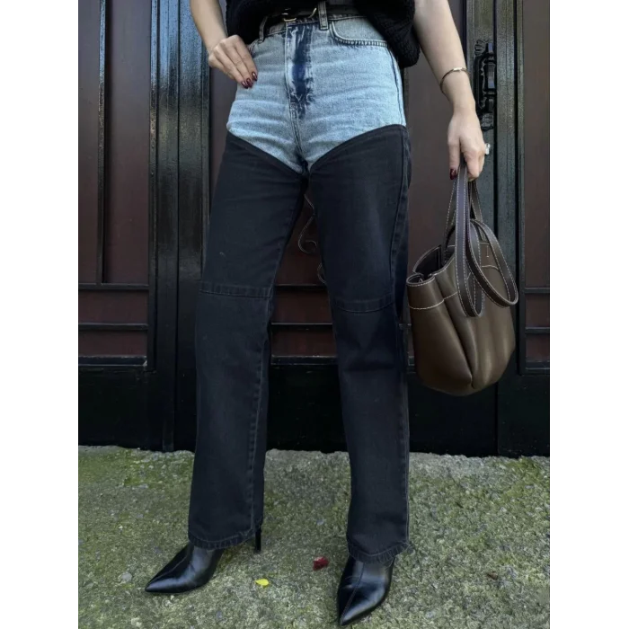 Arnay Kadın Jeans Kot Parçalı Palazzo Pantolon - Siyah