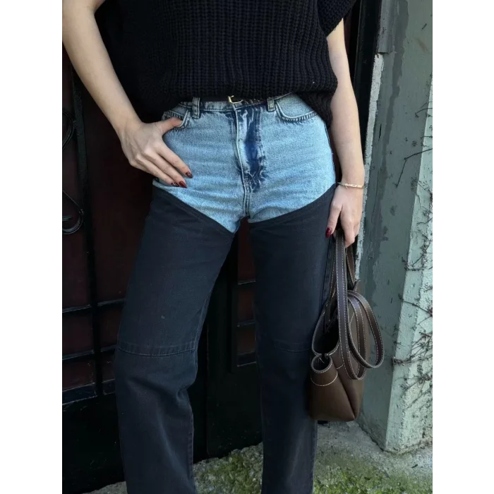 Arnay Kadın Jeans Kot Parçalı Palazzo Pantolon - Siyah