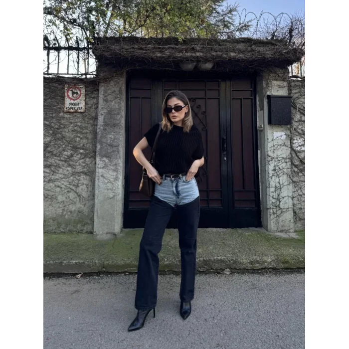 Arnay Kadın Jeans Kot Parçalı Palazzo Pantolon - Siyah