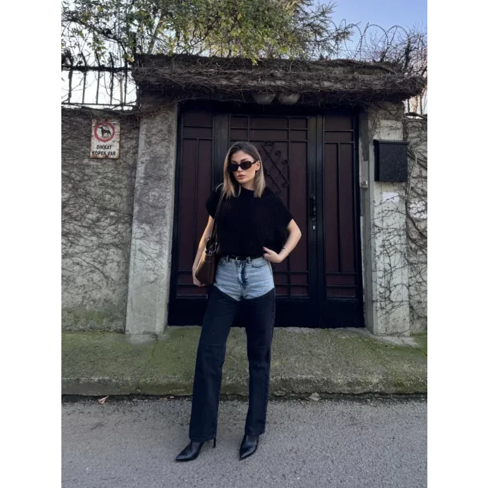 Arnay Kadın Jeans Kot Parçalı Palazzo Pantolon - Siyah