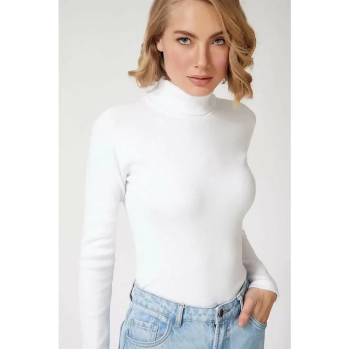 Arnay Kadın Kaşkorse Boğazlı Full Likralı Fitilli Body Kazak - Beyaz