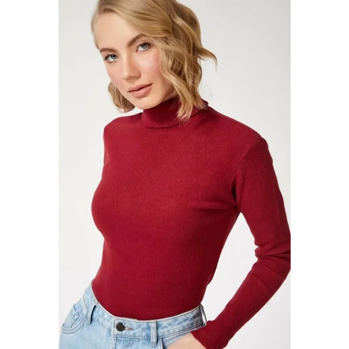 Arnay Kadın Kaşkorse Boğazlı Full Likralı Fitilli Body Kazak - Bordo