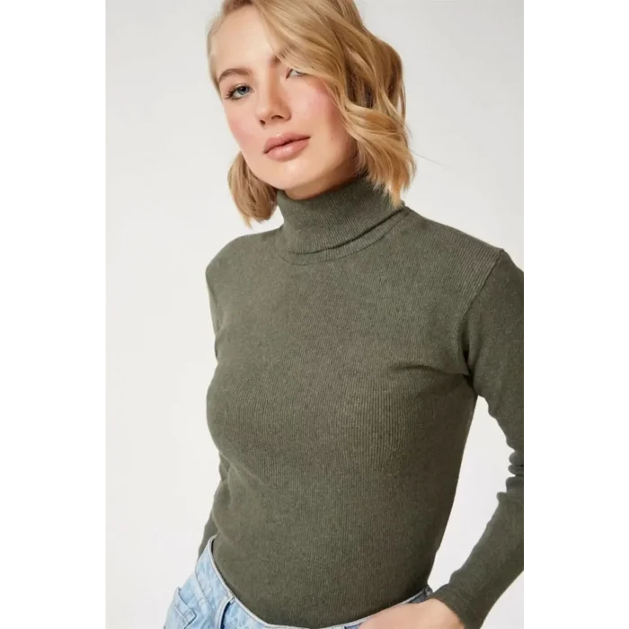 Arnay Kadın Kaşkorse Boğazlı Full Likralı Fitilli Body Kazak - Haki