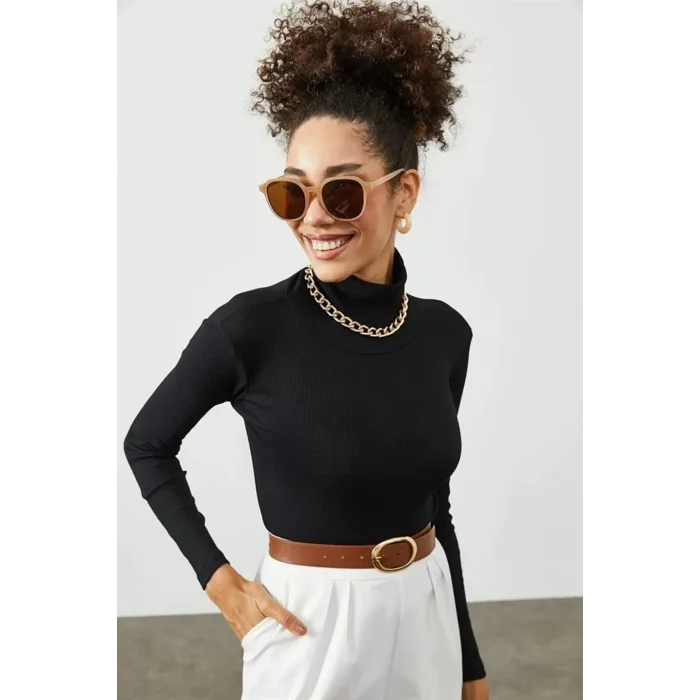 Arnay Kadın Kaşkorse Boğazlı Full Likralı Fitilli Body Kazak - Siyah