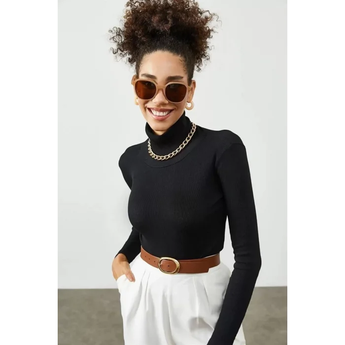 Arnay Kadın Kaşkorse Boğazlı Full Likralı Fitilli Body Kazak - Siyah