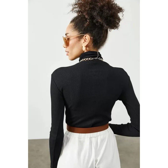 Arnay Kadın Kaşkorse Boğazlı Full Likralı Fitilli Body Kazak - Siyah