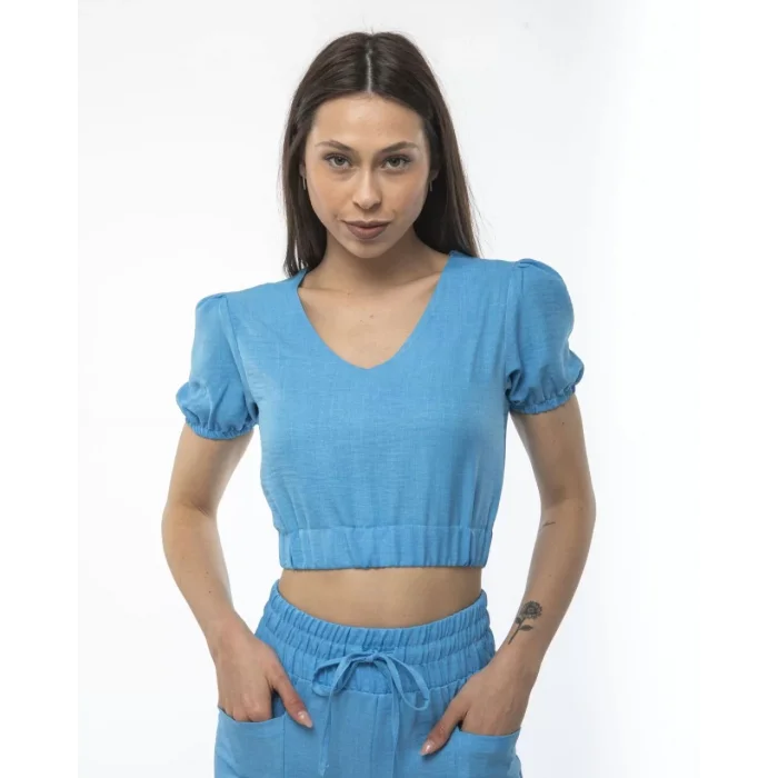 Arnay Kadin Keten Pantolon Ve Crop Takım - Mavi