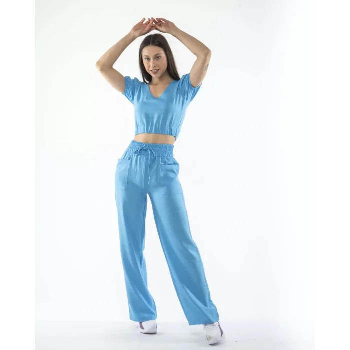 Arnay Kadin Keten Pantolon Ve Crop Takım - Mavi
