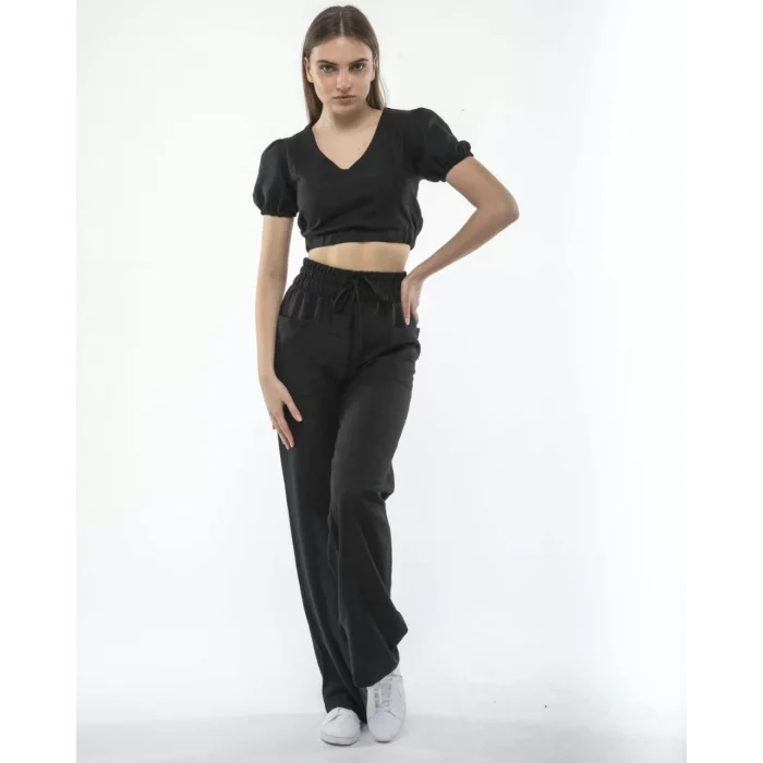Arnay Kadin Keten Pantolon Ve Crop Takım - Siyah